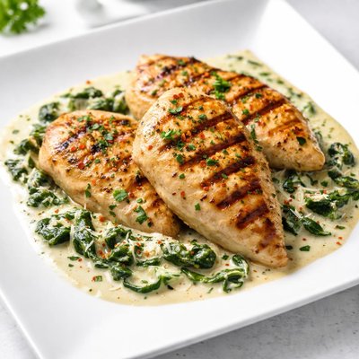 Grilled chicken with creamy spinach sauce