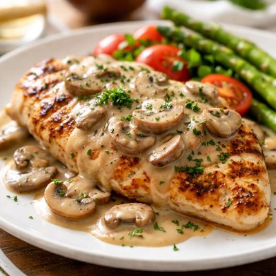 Grilled chicken with mushroom sauce