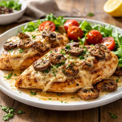 Grilled chicken with mushrooms and cheese