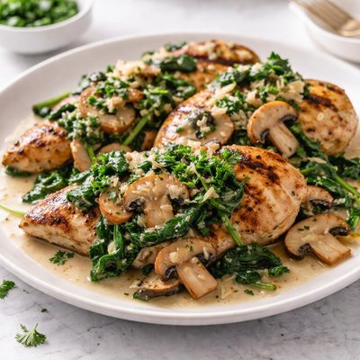 Grilled chicken with mushrooms and spinach
