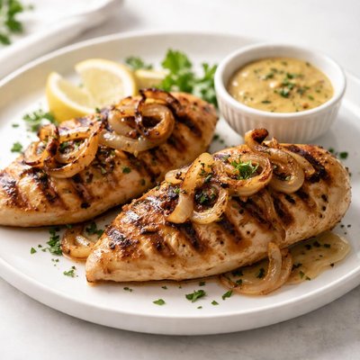 Grilled chicken with onions and sauce