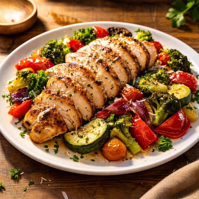 Grilled chicken with vegetables and cheese