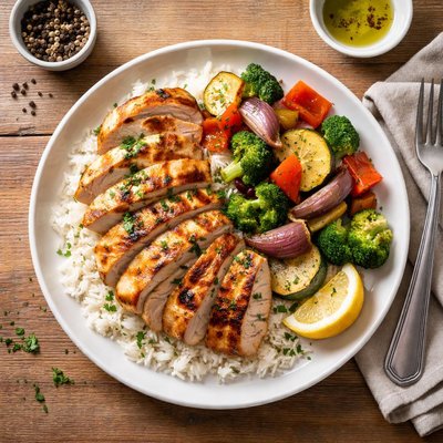 Grilled chicken with vegetables and rice