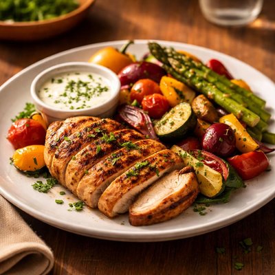 Grilled chicken with vegetables and sauce