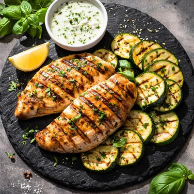 Grilled chicken with zucchini and sauce