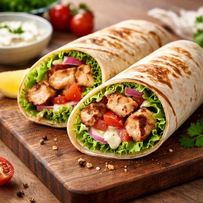 Grilled chicken wrap lettuce tomato onion and yogurt sauce
