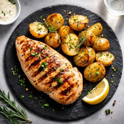 Grilled chiken breast with baked potatoes