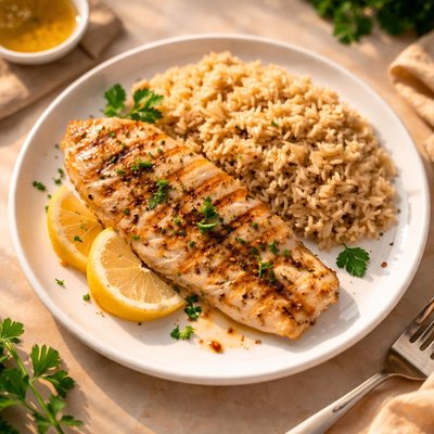 Grilled fish and briwn rice