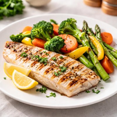 Grilled fish and steamed vegetables