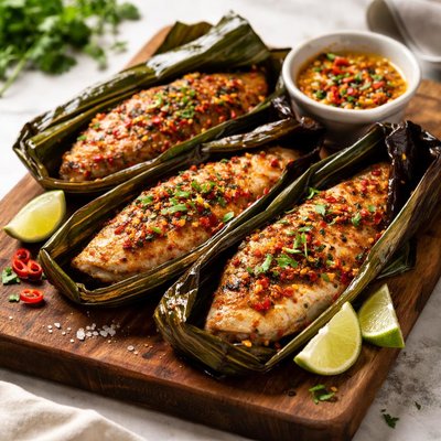 Grilled fish in banana leaf