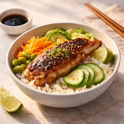 Grilled fish rice bowl