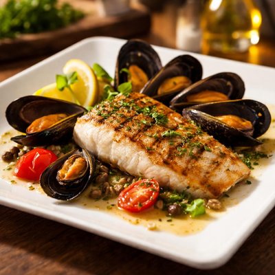 Grilled fish with mussels