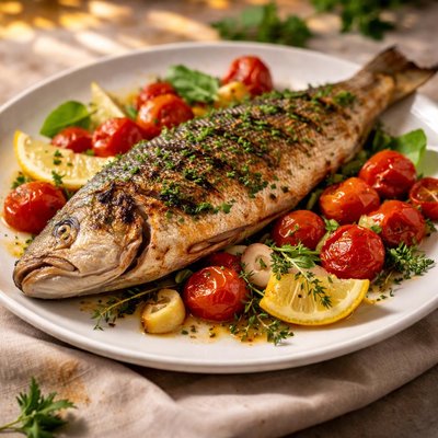 Grilled fish with tomatoes and herbs
