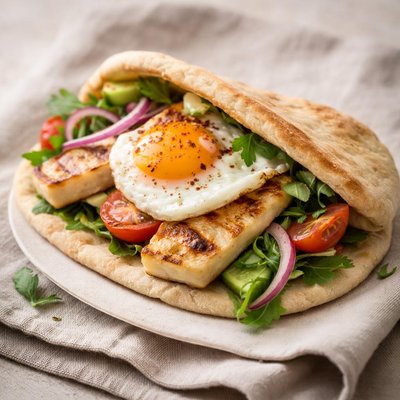 Grilled haloumi and fried egg pita