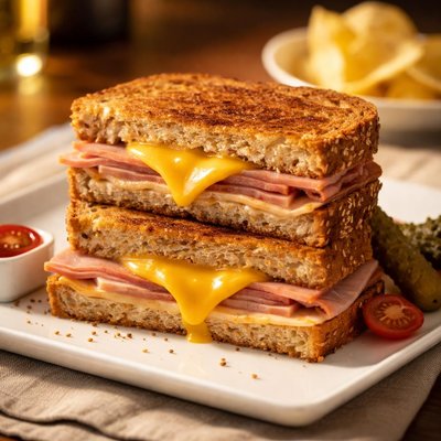 Grilled ham and cheese sandwich on seaded bread