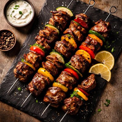 Grilled meat kebabs