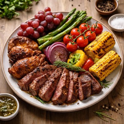 Grilled meat with vegetables and grapes