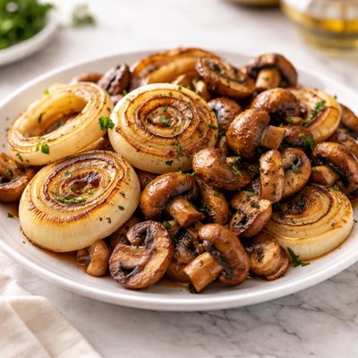 Grilled onions and mushrooms