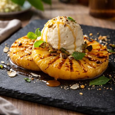 Grilled poached pinapple and ice cream
