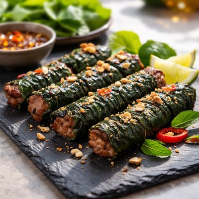 Grilled pork wrapped in betel leaves