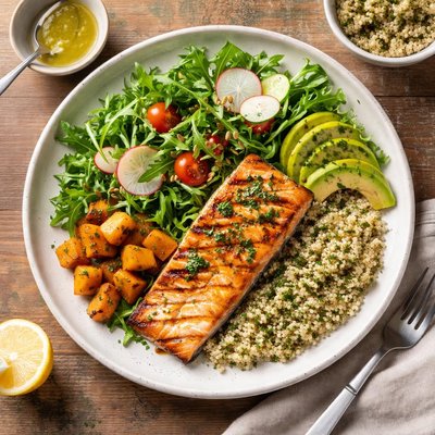 Grilled salmon plate in tender greens