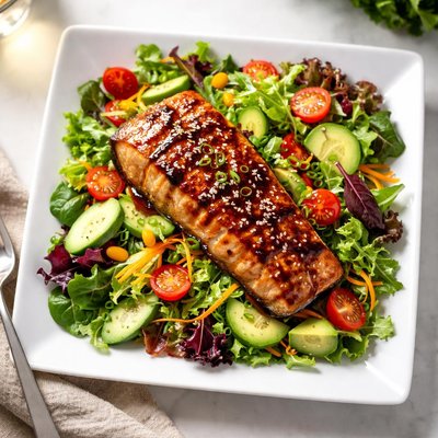 Grilled salmon salad with teriyaki sauce