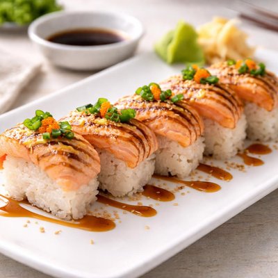 Grilled salmon sushi