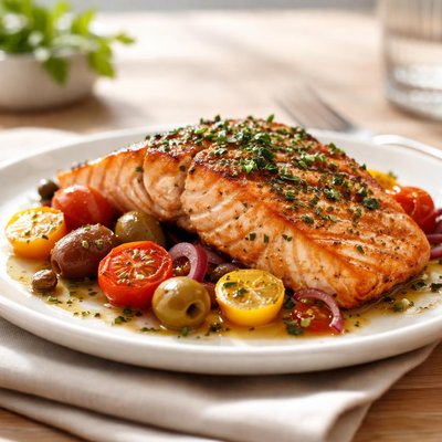 Grilled salmon with cherry tomatoes and olives