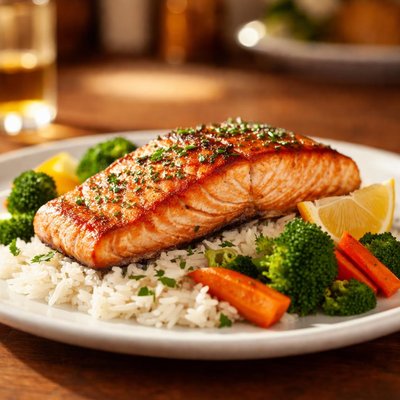 Grilled salmon with rice and vegetables