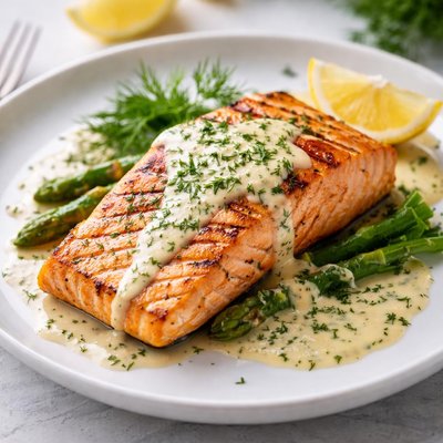 Grilled salmon with sauce