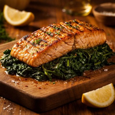 Grilled salmon with spinach
