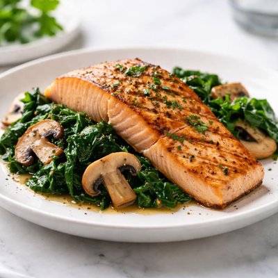 Grilled salmon with spinach and mushrooms