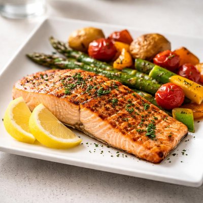 Grilled salmon with vegetables and lemon