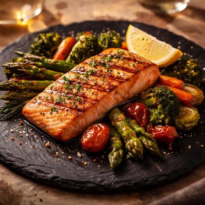 Grilled salmon with veggies