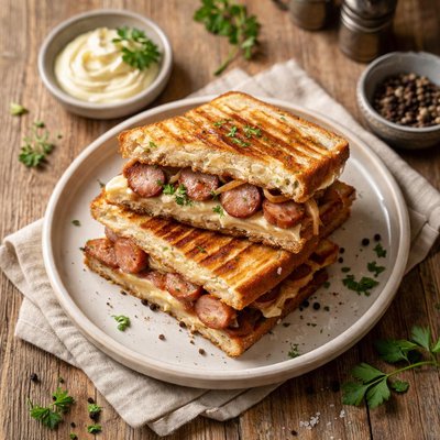 Grilled sandwich with sausage and mayonnaise