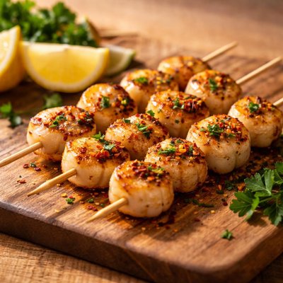 Grilled scallop skewer