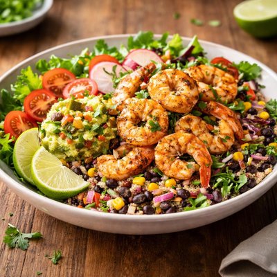 Grilled shrimp salad with quinea and guac