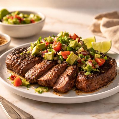 Grilled steak with avocado and salsa