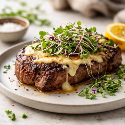 Grilled steak with cheese and sprouts