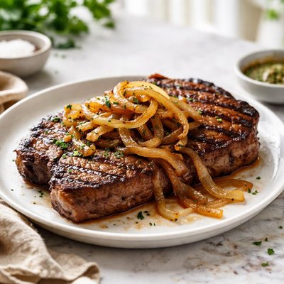 Grilled steak with onions