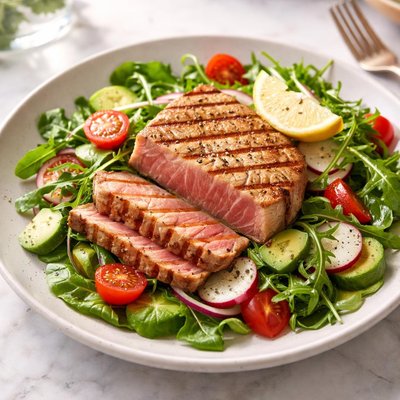 Grilled tuna steak and salad