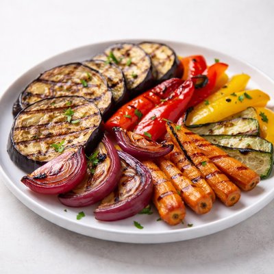 Grilled vegetables eggplant aubergine peppers onion carrot