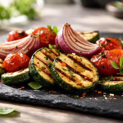 Grilled zucchini onion and cherry tomato