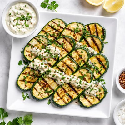 Grilled zucchini slices with sauce