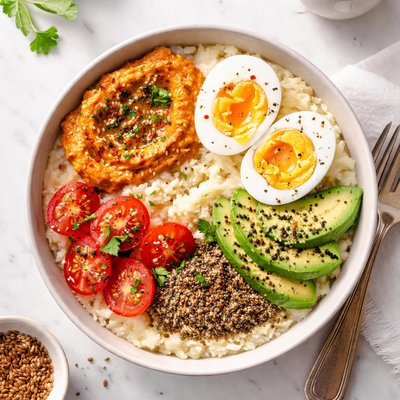 Grits with roasted pepper humus egg and flaxseed ground