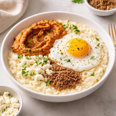 Grits with roasted pepper humus egg and flaxseed ground  cheese