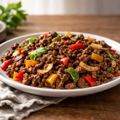Ground beef with bell peppers and onions