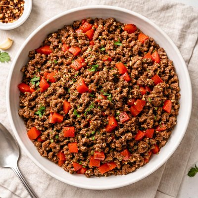 Ground beef with red bell peppers