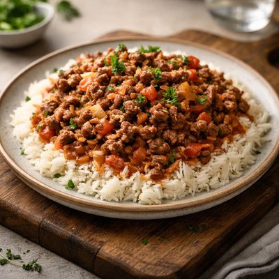 Ground beef with rice and sauce