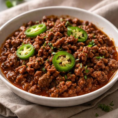 Ground beef with sauce and jalapenos